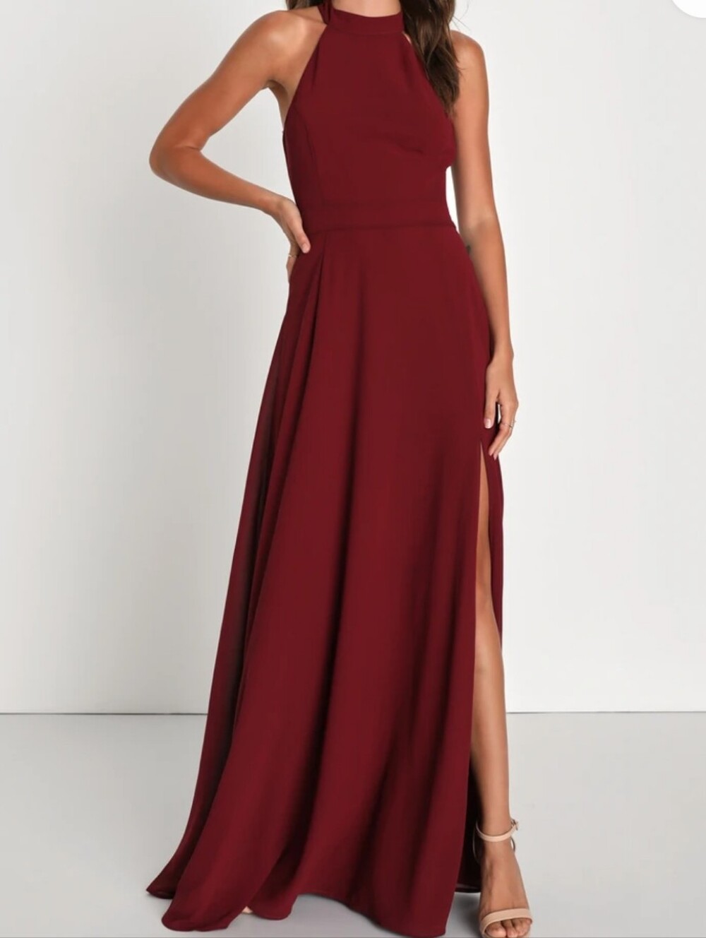 Confidently Charismatic Burgundy Backless Halter Maxi Formal Dress NWT Size L